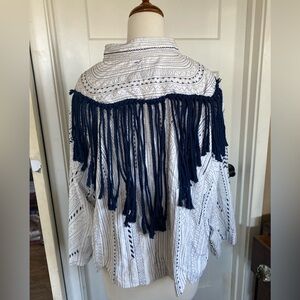 Blutique Mama Made USA reworked women’s 1X blue/white embroidered jacket macrame